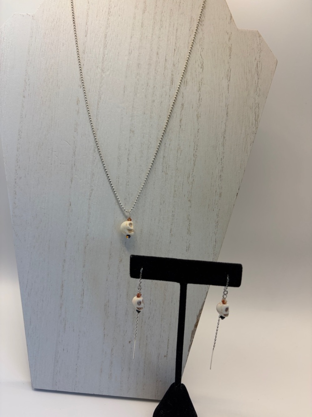 Sterling Silver Necklace with Skull Pendant and Drop Earrings Set